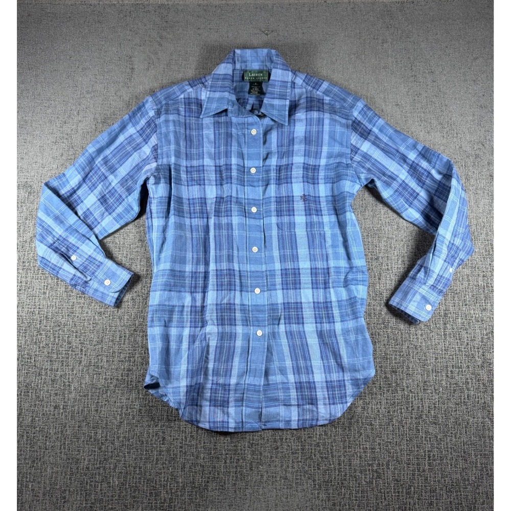 Lauren Ralph Lauren Blue Plaid 100% Linen Button Down Shirt Womens 4 Monogram